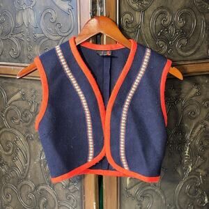 Vintage Danica 100% Wool Croped‎ Vest Navy Blue With Orange trim Women's Size S